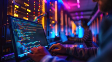 person coding on a laptop in a data center with colorful server lights.