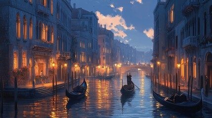 Wall Mural - Panorama of Venice at night, with gondolas and softly lit buildings, a serene reflection on Italian culture and romance.