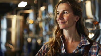 Woman in brewery, smiling confidently, industrial background.