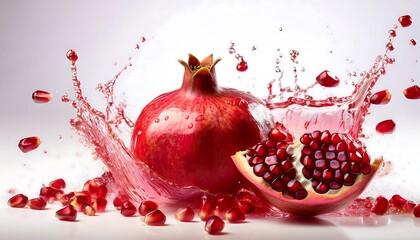 Fresh Pomegranate a few slices and a splash of Fresh Pomegranate juice form a dynamic image against a white background