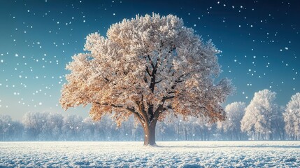 Wall Mural - beautiful snowy tree standing majestically in a serene meadow, soft snowflakes falling gently around, capturing the tranquility and wonder of winter's beauty