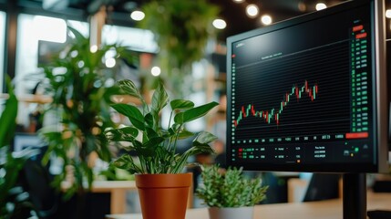 Poster - A bright office scene featuring a large screen and indoor plants for enhanced productivity