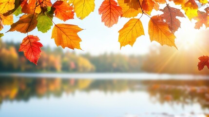 A serene autumn scene by a lake surrounded by colorful foliage and gentle light