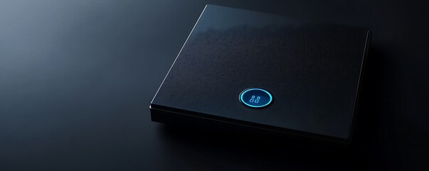 Poster - A sleek, dark device with a blue light, possibly a tech gadget or appliance.