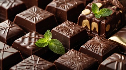 A rich assortment of dark chocolate pieces arranged artistically with cocoa powder and a fresh mint leaf on a rustic wooden surface