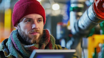 Fototapete - Factory worker in beanie and scarf monitoring equipment for optimal performance