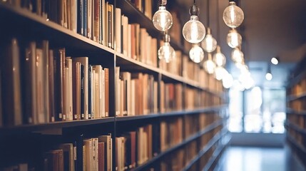 Poster - A captivating view of neatly arranged books under warm lighting in a modern library setting