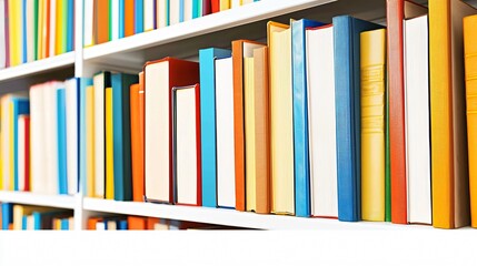 Poster - A vibrant collection of books on a library shelf showcasing the diversity of literature and knowledge in an organized setting