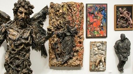 Aufkleber - Exploring a vibrant gallery wall filled with intricate abstract art and captivating sculptures that challenge perception and inspire imagination