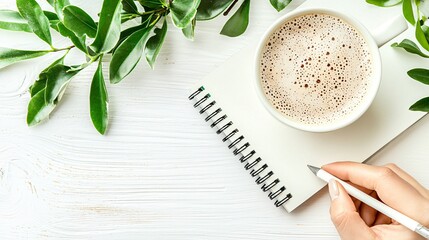 Poster - A serene workspace embracing minimalism with a laptop notebook coffee and nature elements for enhanced productivity