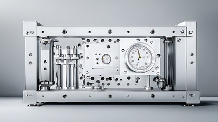 Poster - A metallic apparatus featuring gauges and valves, likely used for pressure measurement.
