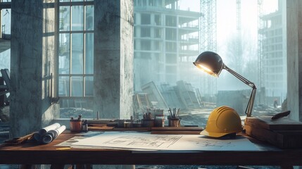 Poster - Architect's desk with a mining light on a construction site, featuring blueprints, sketches, and a hard hat, set against an unfinished building background