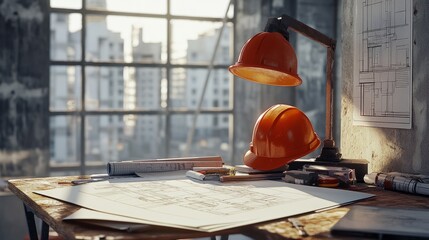 Poster - Architect's desk with a mining light on a construction site, featuring blueprints, sketches, and a hard hat, set against an unfinished building background