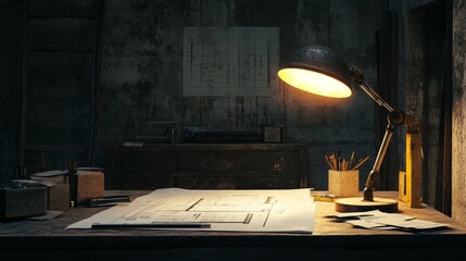 Poster - Architect's project station with blueprints, rulers, and a mining light illuminating the workspace on a raw, unfinished construction site