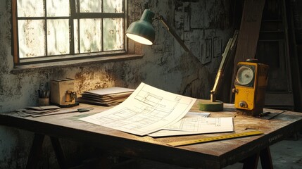 Poster - Architect's project station with blueprints, rulers, and a mining light illuminating the workspace on a raw, unfinished construction site