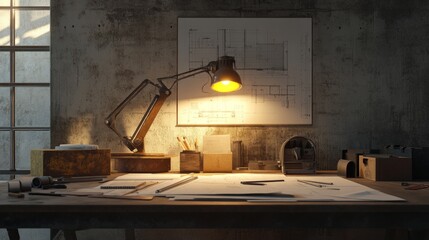 Poster - Architect's project station with blueprints, rulers, and a mining light illuminating the workspace on a raw, unfinished construction site