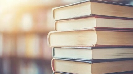 Poster - A captivating stack of books on a library shelf bathed in soft light perfectly illustrating the essence of knowledge and reading