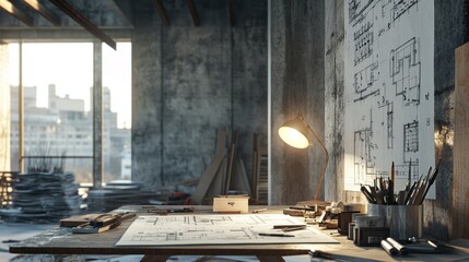 Poster - Architect's workspace with mining light illuminating plans and tools, in a raw construction site environment with concrete walls and exposed beams