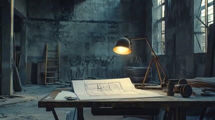 Poster - Architectural desk on a construction site with mining light illuminating blueprints and tools, set in a raw industrial environment, perfect for project planning visuals