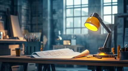 Poster - Architectural desk setup with mining light in a construction setting, showcasing blueprints and drafting tools in a realistic, industrial workspace