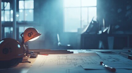 Poster - Architectural project desk in an industrial setting, with mining light illuminating blueprints and a hard hat, capturing the active construction atmosphere