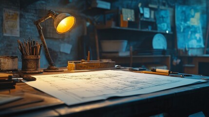 Poster - Architectural project desk on a construction site, with blueprints, drafting tools, and a mining light casting a warm glow on the plans, in a gritty workspace