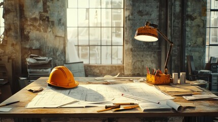 Poster - Architectural project desk with mining light on a construction site, with scattered blueprints, rulers, and safety helmet, set in an unfinished office building