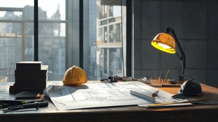 Poster - Architectural project desk with mining light on a construction site, with scattered blueprints, rulers, and safety helmet, set in an unfinished office building