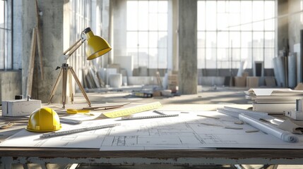 Poster - Architectural project desk with mining light on a construction site, with scattered blueprints, rulers, and safety helmet, set in an unfinished office building