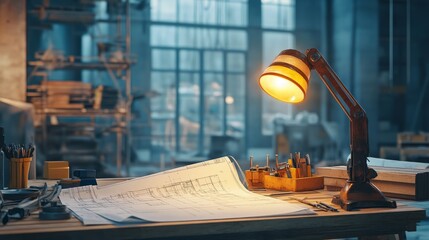 Poster - Architectural project desk with mining light on a construction site, filled with blueprints and tools, set against a background of industrial materials and equipmen