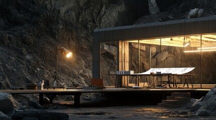 Poster - Architectural workspace on construction site with mining light and blueprints, capturing the rugged environment of project planning in progress
