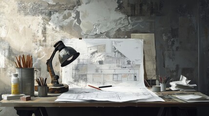 Poster - Architectural workspace with plans, drafting tools, and a mining light on a construction site, capturing the industrious setting of an office in progress