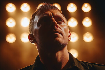 Close-up of a lighting technician working under bright lights during a performance in a dark setting