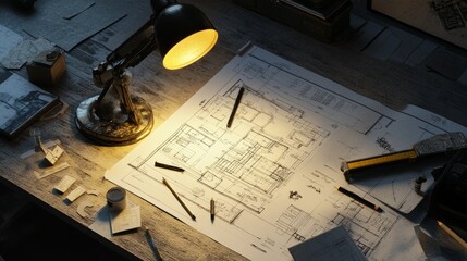 Poster - Construction site desk with mining light casting a warm glow on blueprints, pencils, and scale models, capturing the essence of architectural planning