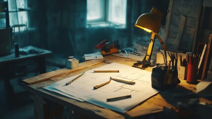 Poster - Desk in construction site with mining light highlighting blueprints and measuring tools, capturing the creative, hands-on aspect of architectural projects