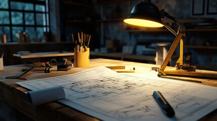 Poster - Desk in construction site with mining light highlighting blueprints and measuring tools, capturing the creative, hands-on aspect of architectural projects