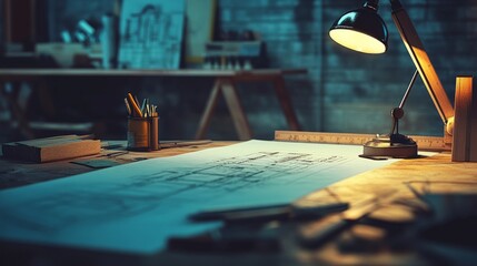 Poster - Desk in construction site with mining light highlighting blueprints and measuring tools, capturing the creative, hands-on aspect of architectural projects