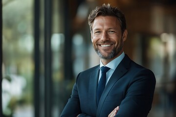 Confident Businessman in Blue Suit Portrait - Office Background