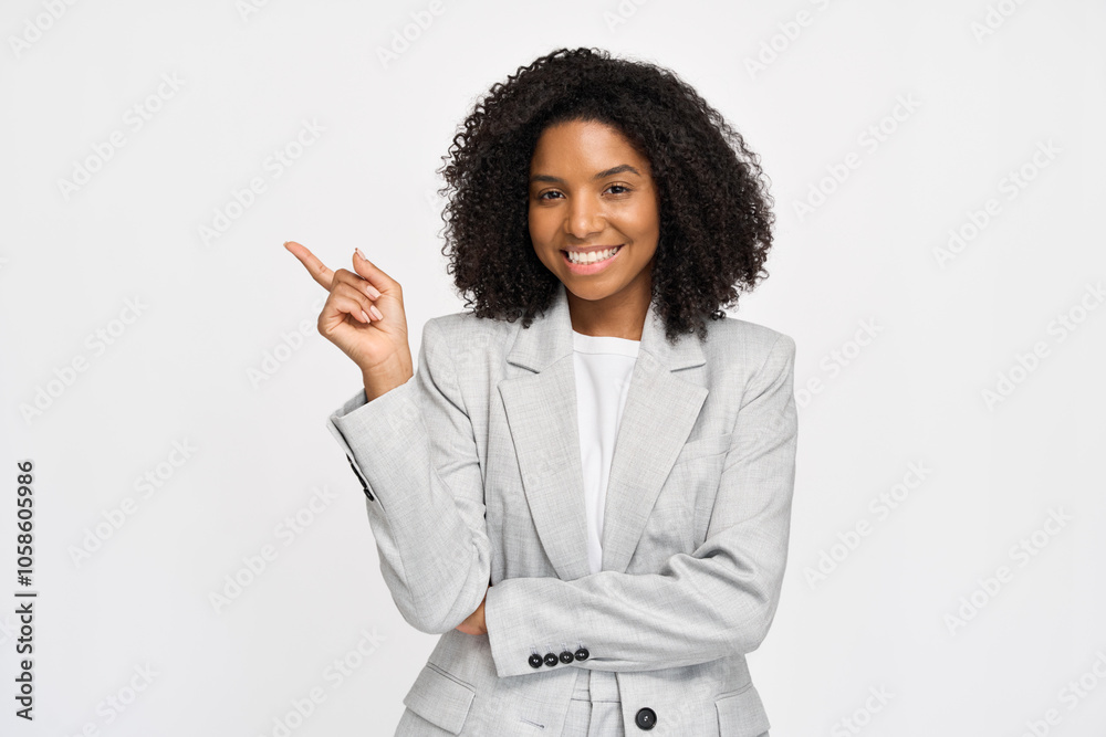 Happy confident young African business woman leader standing isolated ...