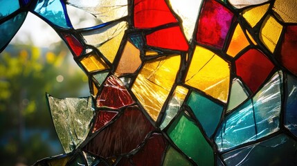 Sticker - A broken stained glass window reveals the intricate patterns of broken glass, creating a unique visual appeal. The contrast of colors and textures draws attention while leaving ample space for design.