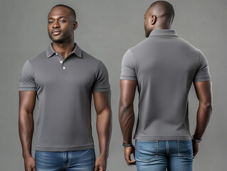 back and front view of man posing in grey polo for fashion presentation