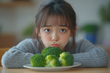 unhappy asian women is on dieting time looking at broccoli on the fork. girl do not want to eat vegetables and dislike taste of broccoli, Generative AI