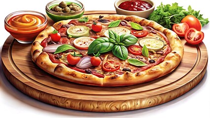 A vibrant pizza with a variety of toppings, including vegetables and meatballs.