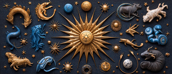 Intricate zodiac wheel illustration with detailed celestial elements and symbols in a golden color scheme