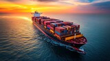 A cargo ship loaded with colorful containers sailing on calm waters during a stunning sunset over the horizon