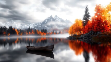 Wall Mural - a tranquil mountain lake reflecting the surrounding peaks and vibrant autumn foliage. a small wooden