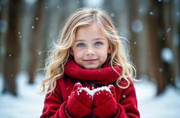 Portrait of happy cute little blonde girl walking outside on winter snowy day, playing with snow, red mittens