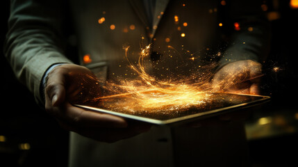 Poster - A person holding a tablet emits glowing particles of light in a darkened environment, showcasing a blend of technology and magic during evening hours
