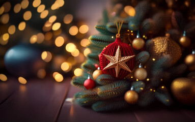 Poster - A decorated Christmas tree branch with ornaments, lights, and a wooden background.