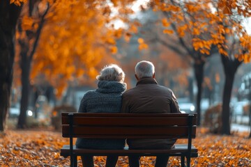 Elderly couple lifestyle concept. Husband embrace wife and sit on seat in the park relax on retirement life, Generative AI